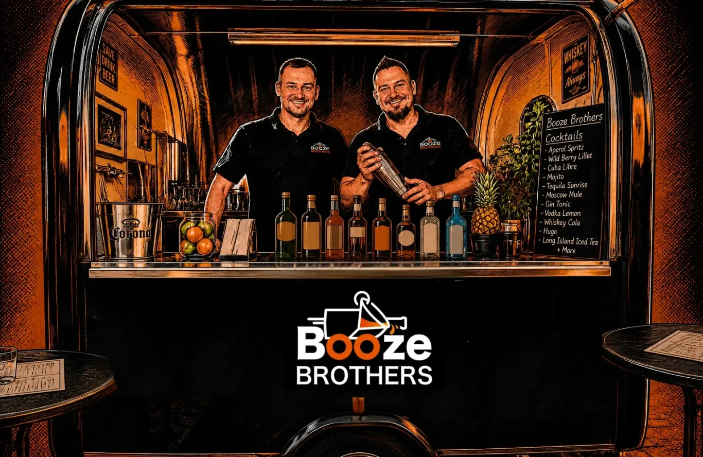 Ein Bild im Comic-Style des mobilen Cocktailanhängers und den beiden Booze Brothers Daniel und Jan Schatzmann